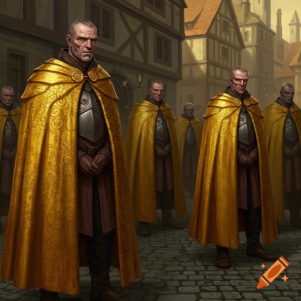 Several men dressed as medieval town guards with ornate gold cloaks standing on a cobblestone street.