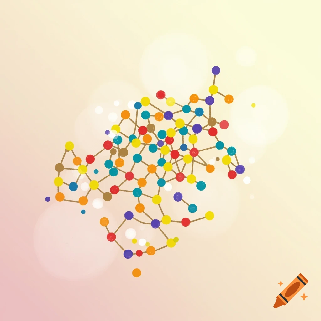 Abstract network of colorful dots and lines on a pastel background