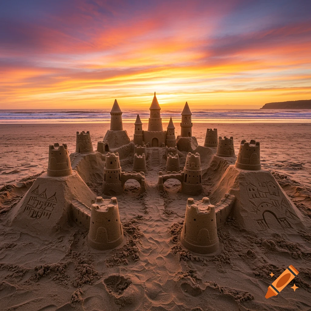 A detailed sandcastle village stands on a beach at sunset.