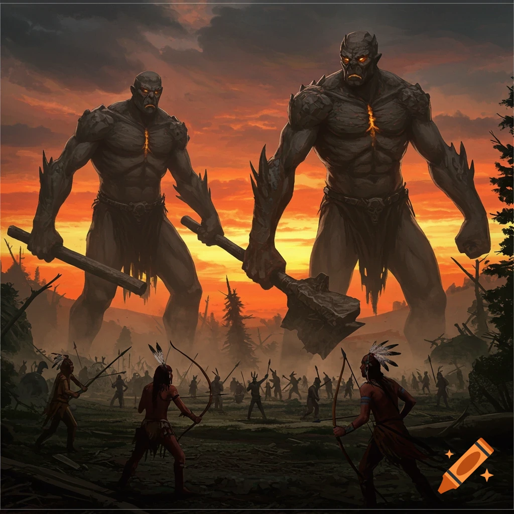 Giant figures battle Native Americans in a valley under a dramatic orange sky.