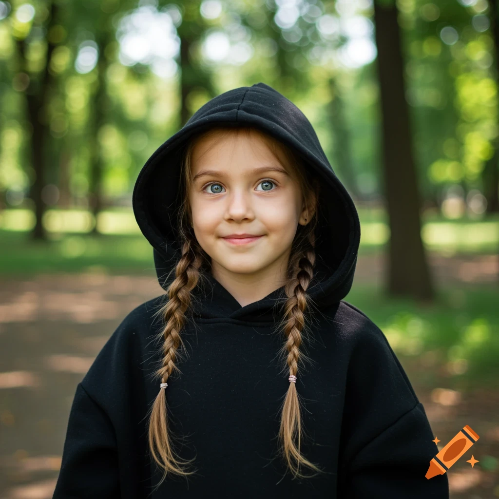 Young girl in a black hoodie smiling with braids in a park with green trees.