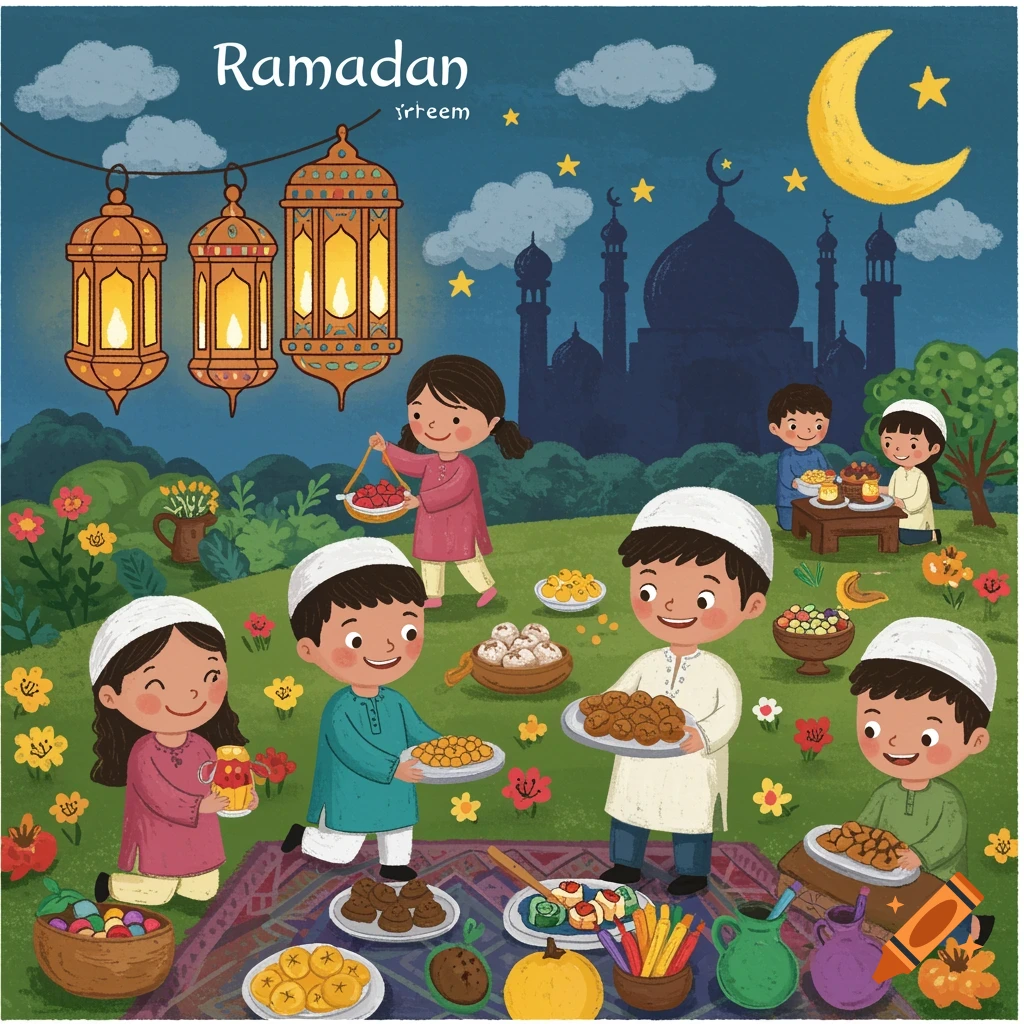 Illustration of children celebrating Ramadan with lanterns, food, and a mosque in the background.