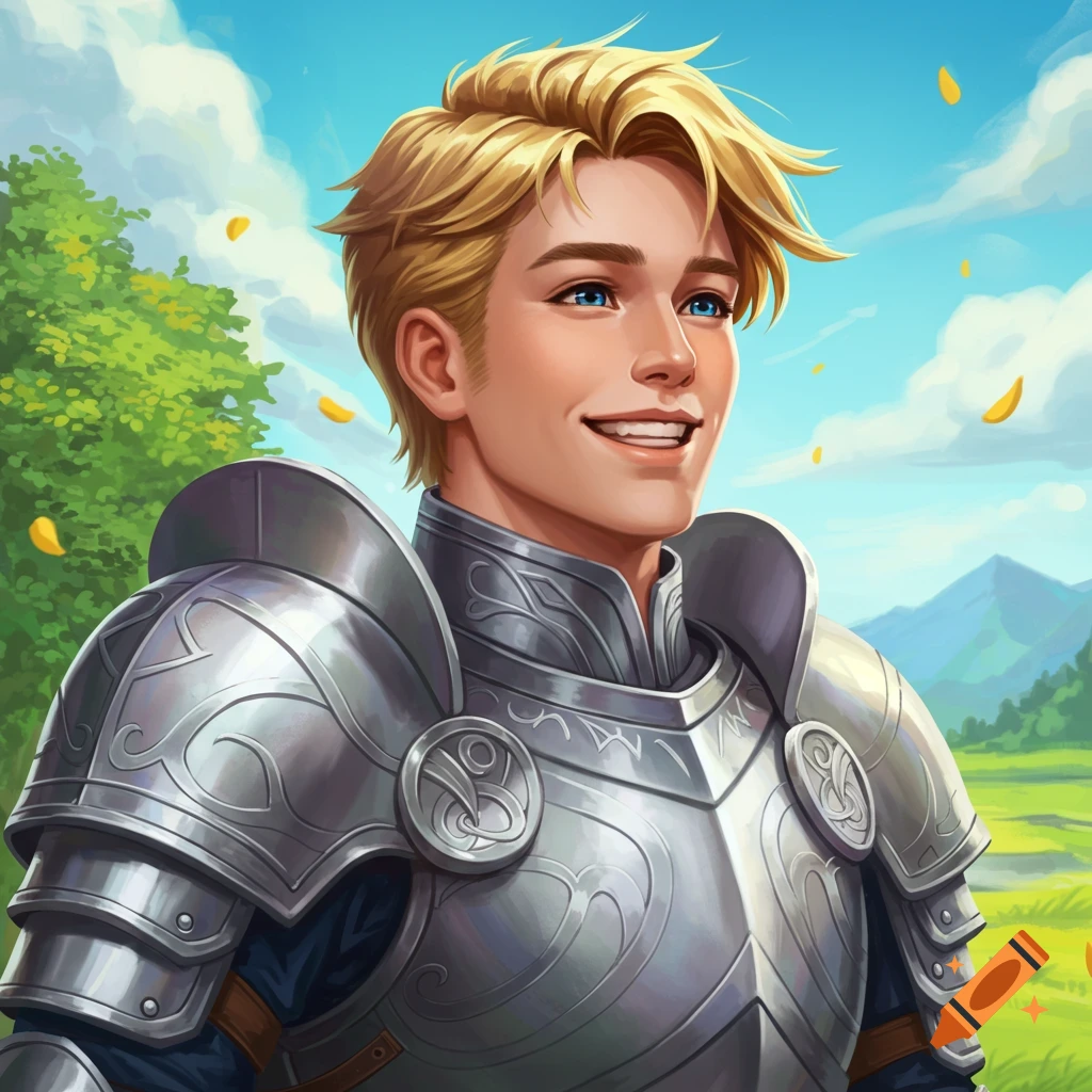 A young man in silver armor is smiling in a sunny fantasy landscape.