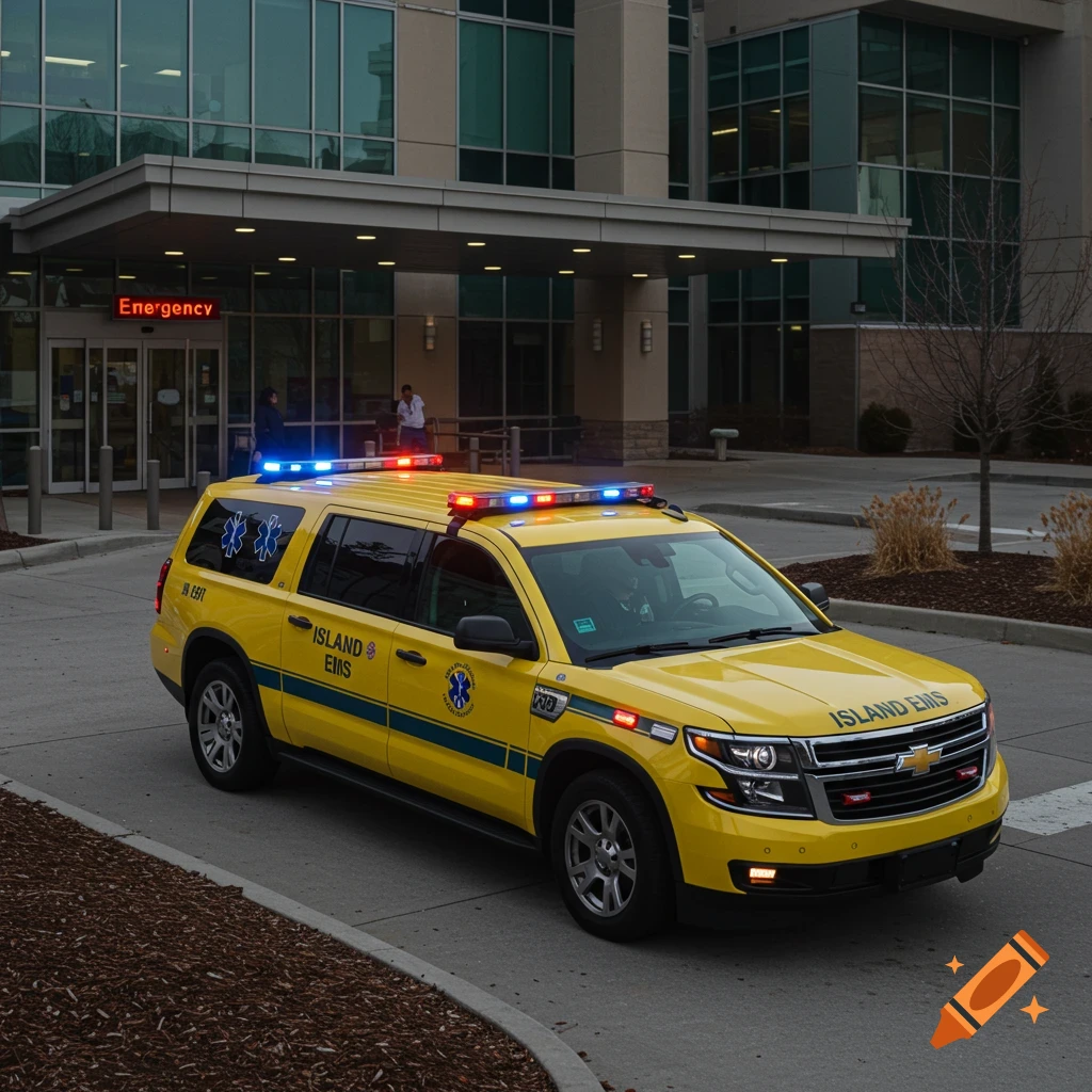 A yellow Island EMS SUV ambulance with lights on parked outside a hospital entrance.