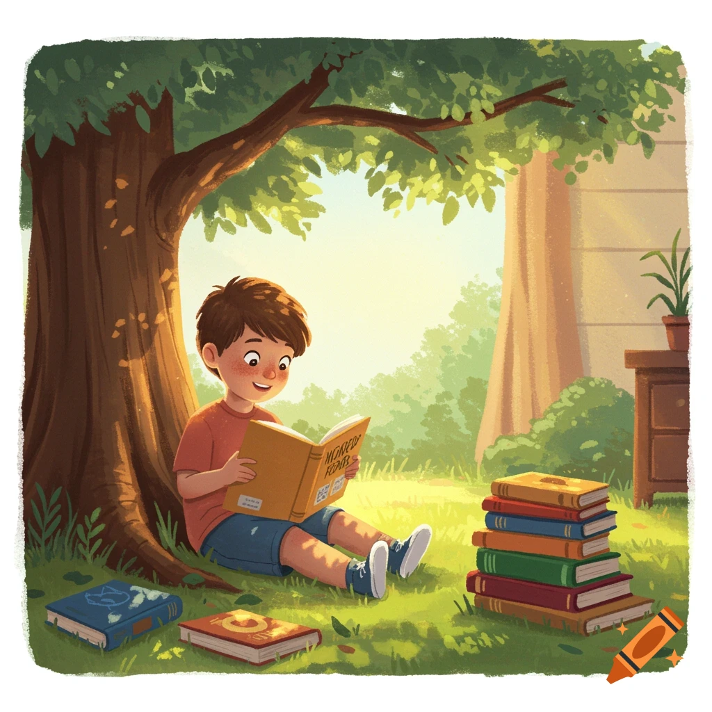 Child reading a colorful book under a tree, surrounded by books ...