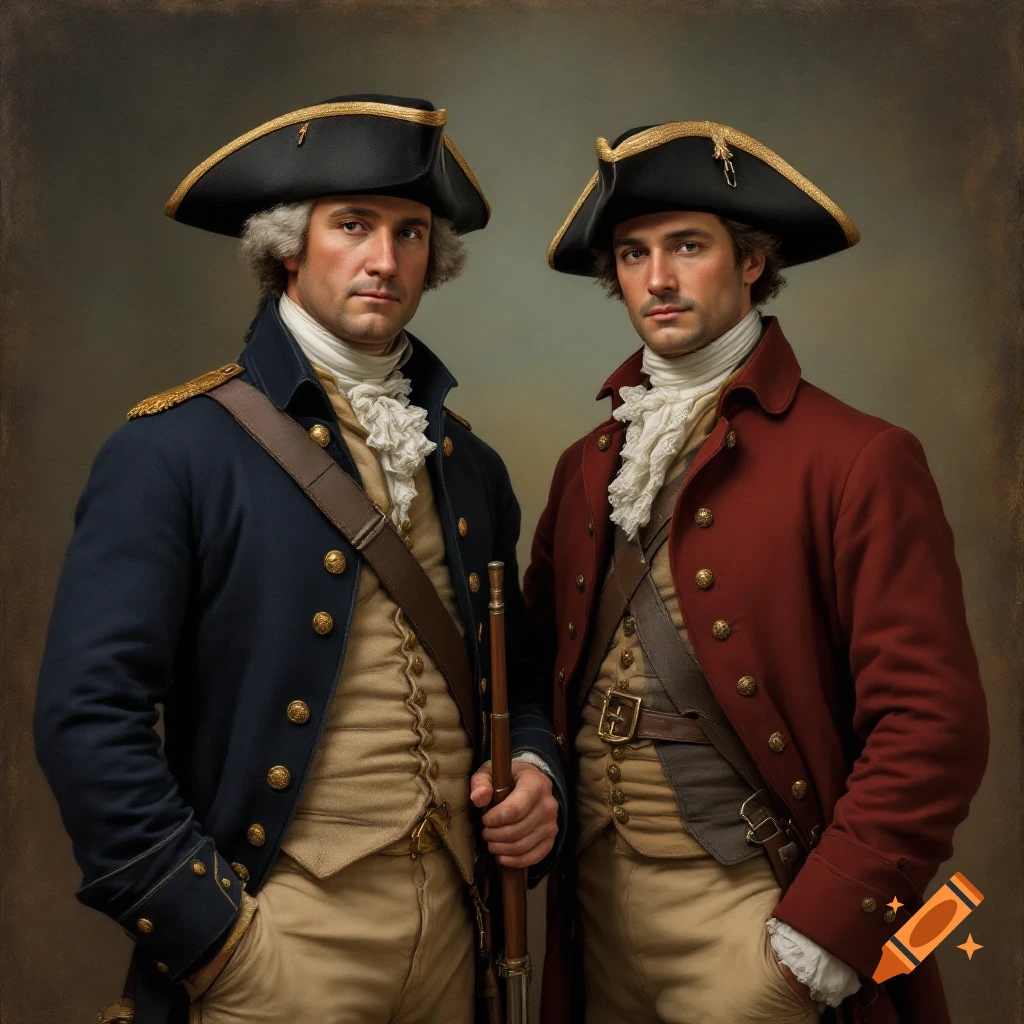 Two men in historical Revolutionary War military uniforms pose for a portrait.