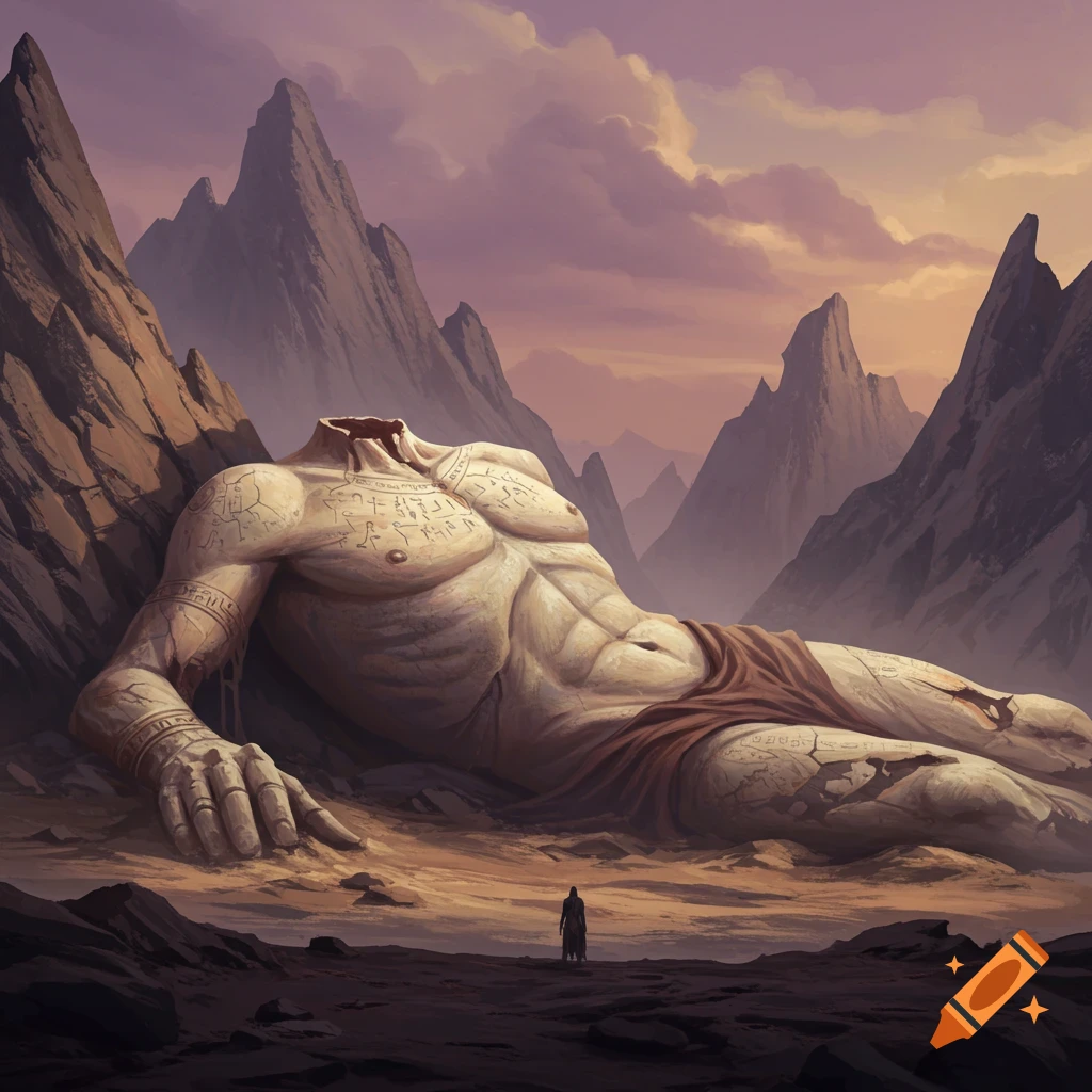 A gigantic headless stone figure lies in a desert landscape with mountains.