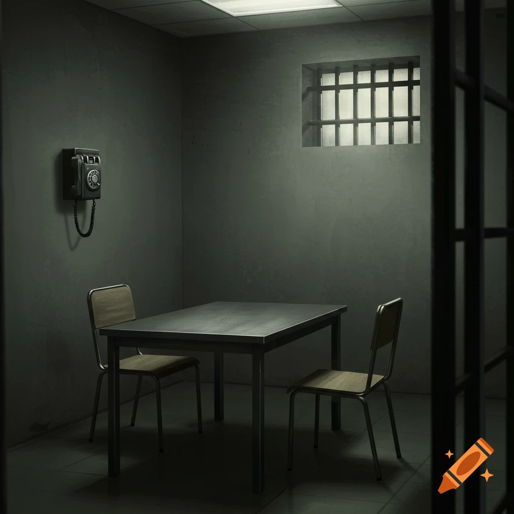 An empty interrogation room with a table, two chairs, a phone, and a barred window.