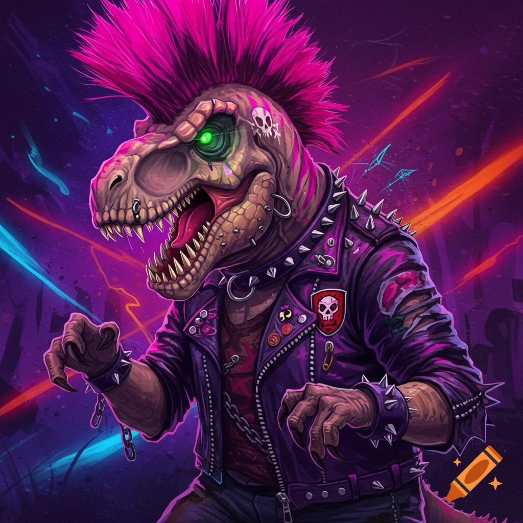 A punk rock T-Rex with a pink mohawk, leather jacket, and piercings.