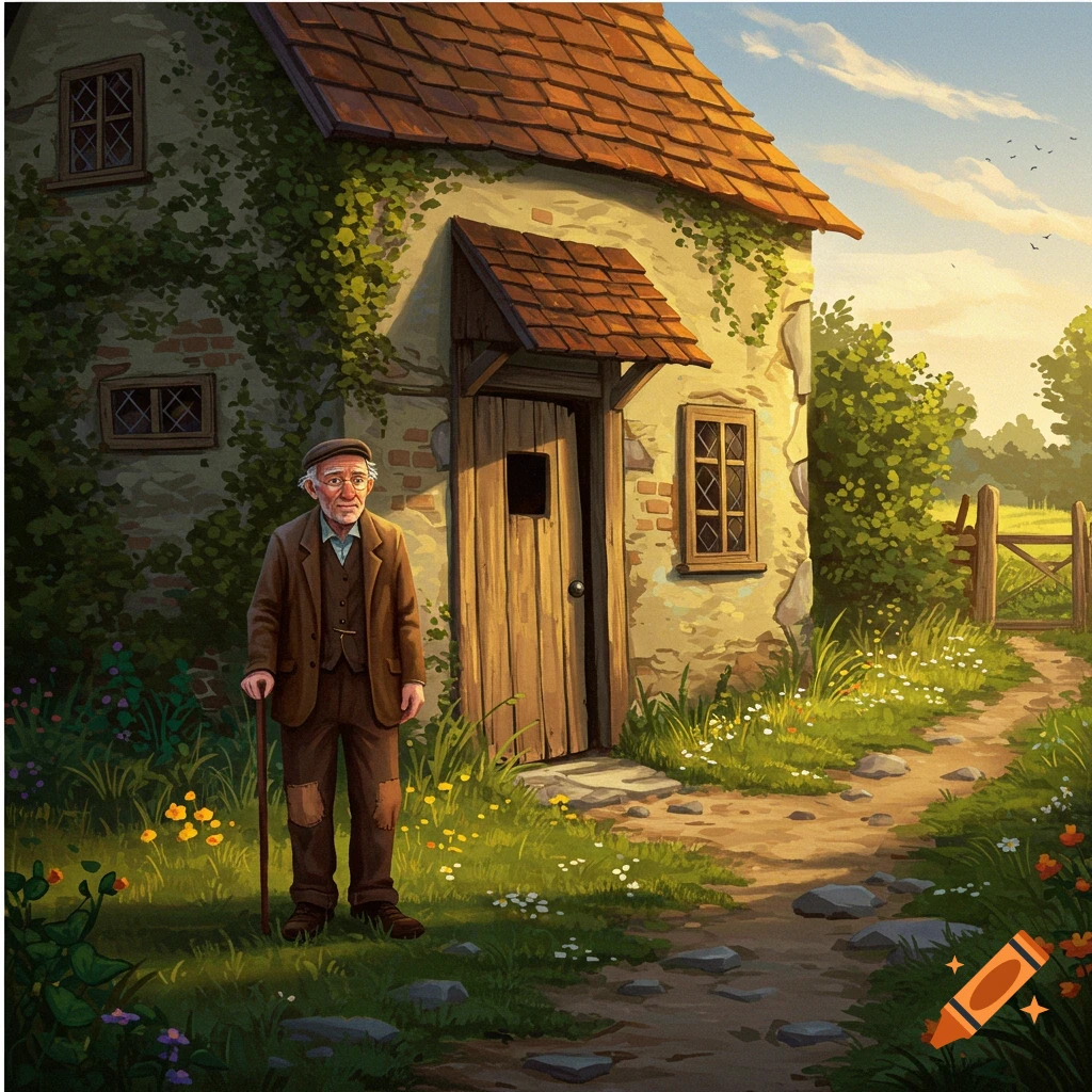 An old man standing outside an old cottage with a path leading away, in a rural landscape.
