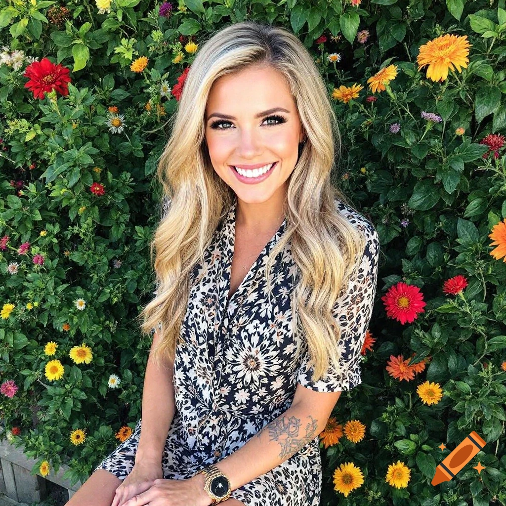 A smiling woman with blonde hair sits in front of a wall of colorful flowers.