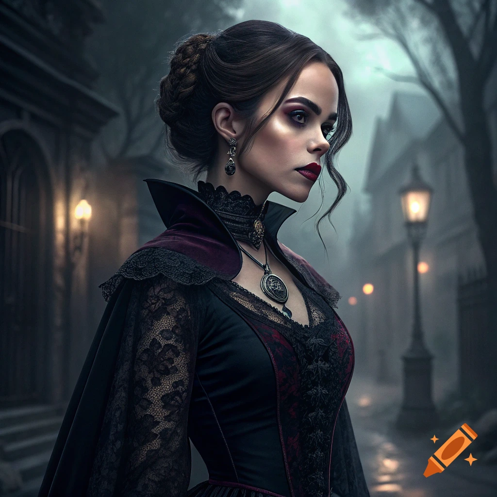 Gothic woman in a black and red dress and cloak standing in a foggy street at night.