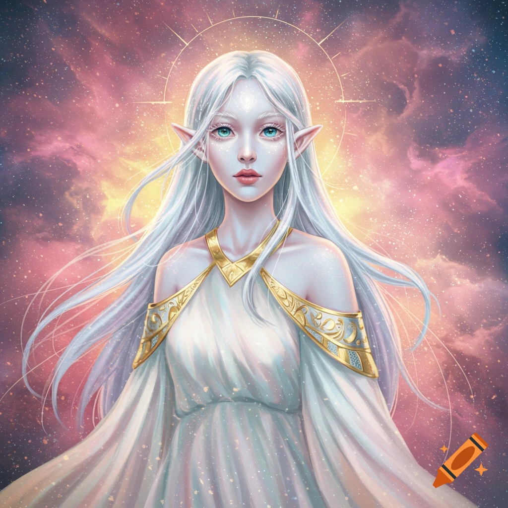 An image of a white-skinned elf-like female with long white hair and blue eyes, wearing a white and gold dress, set against a cosmic background.