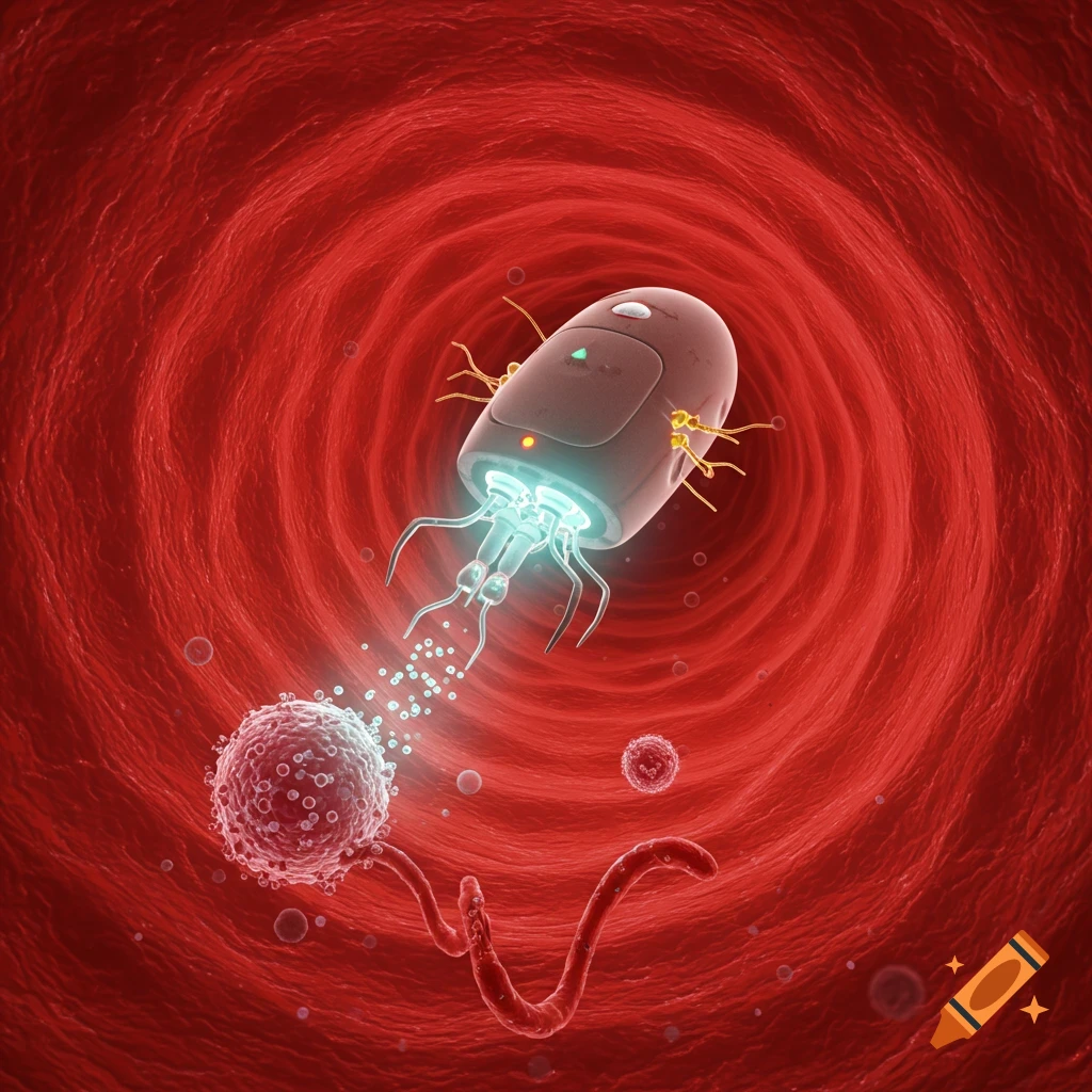 A nanorobot interacts with a white blood cell inside a blood vessel, rendered in a scientific illustration style.