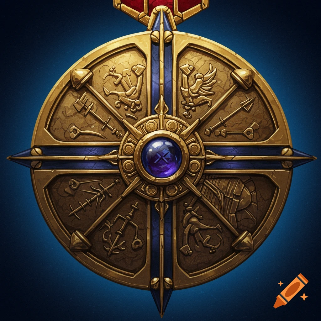 An ornate gold warrior medal with blue trim, a central purple gem, and various symbols radiating outwards.