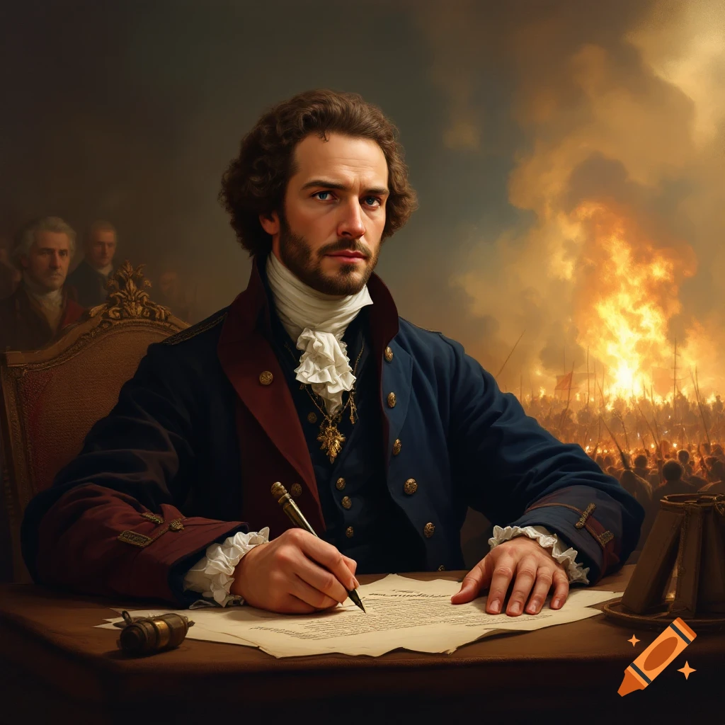A man in 18th-century clothing signs a document at a desk, with a battle scene burning in the background.