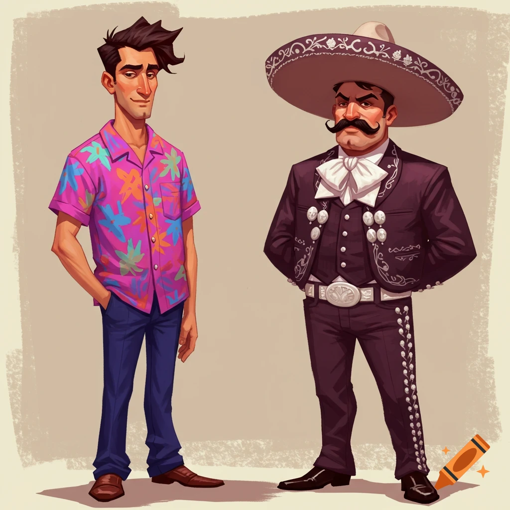 A man in a Hawaiian shirt stands next to a man in a mariachi suit.