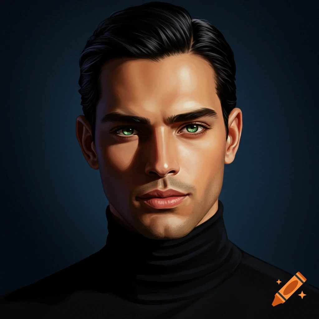 A portrait of a man with green eyes, dark hair, and a black turtleneck.