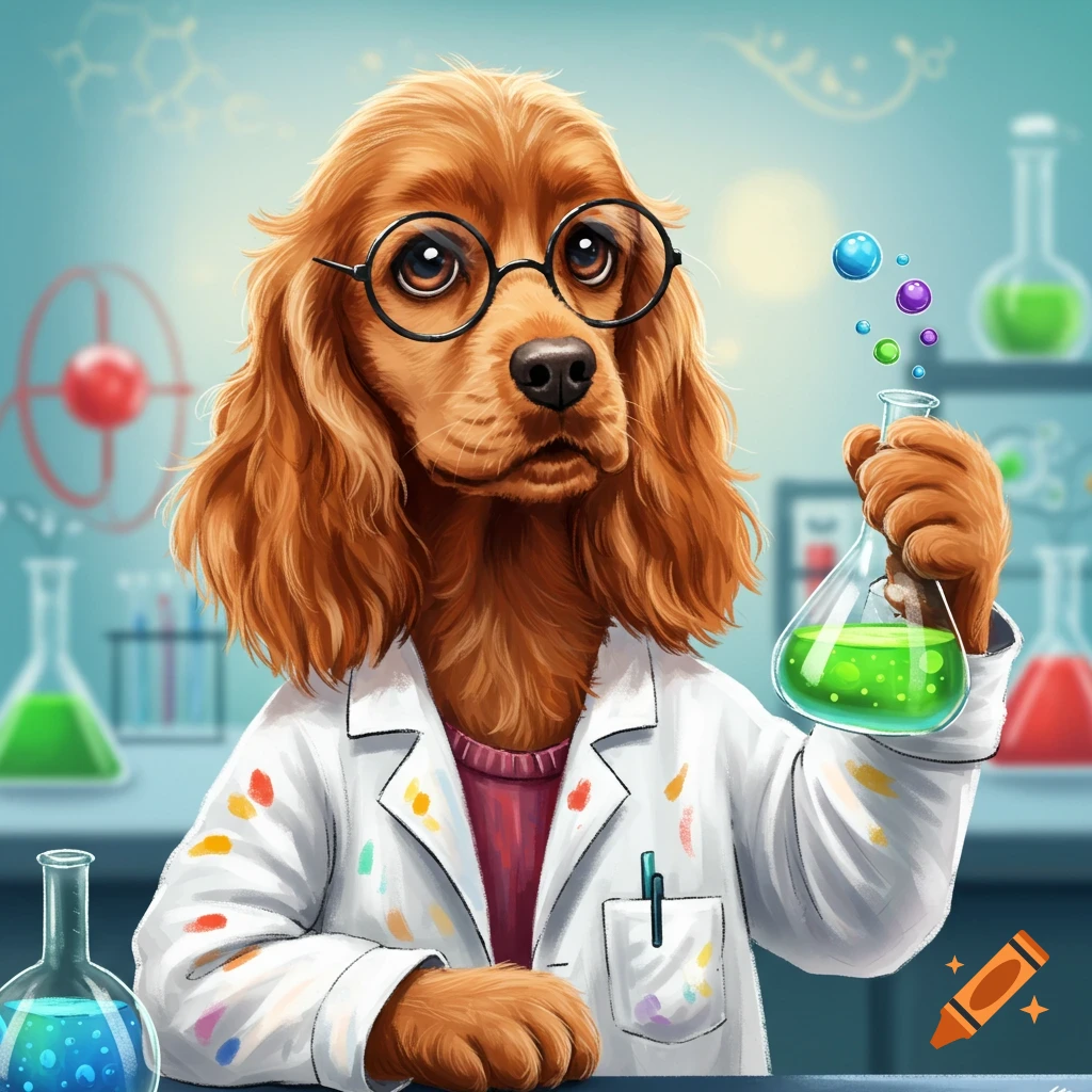 A Cocker Spaniel dog wearing glasses and a lab coat, holding a beaker in a science lab.