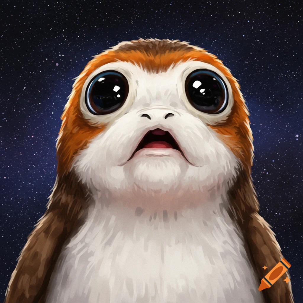 A Porg from Star Wars against a starry background