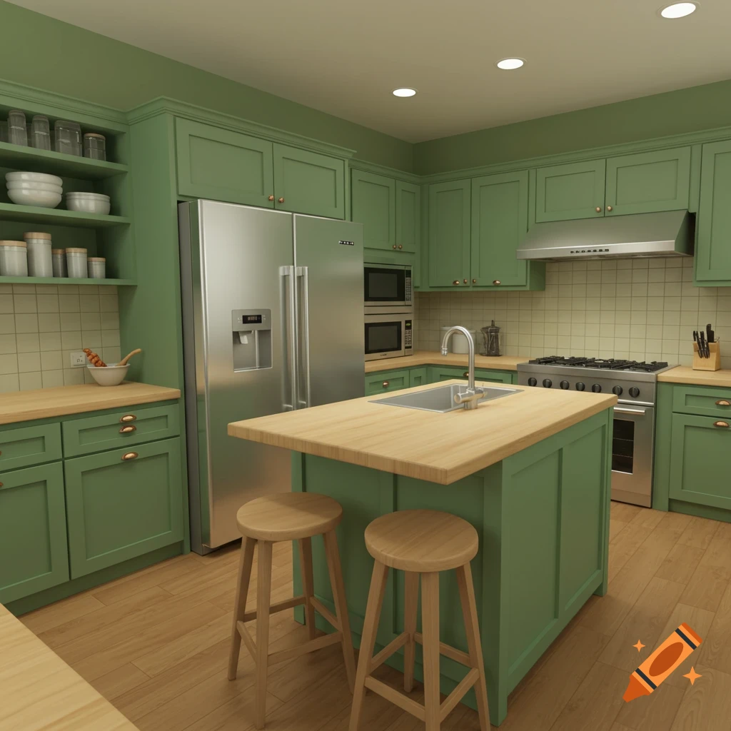 Rendered interior of a modern kitchen with green cabinets, stainless steel fridge, stove, oven, sink, and island with stools.