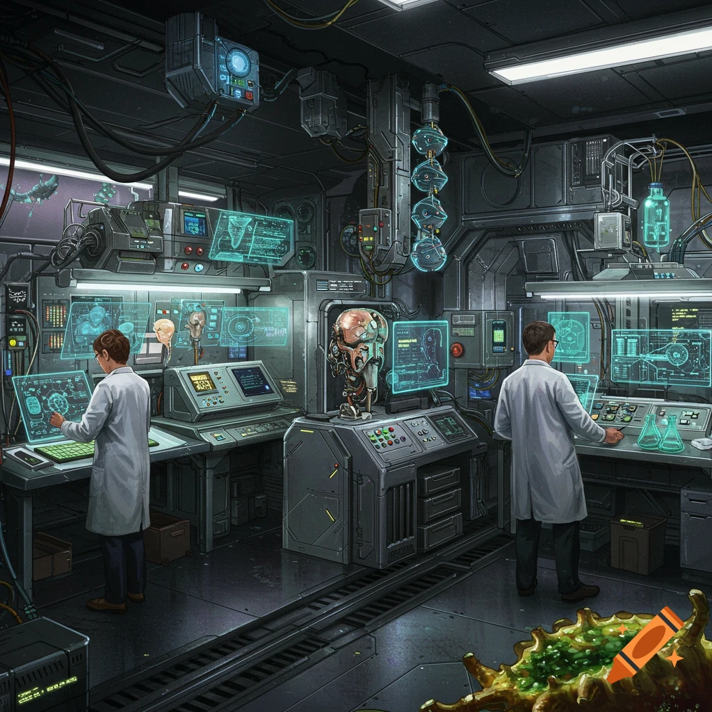 Two scientists in a futuristic lab work at glowing computer consoles surrounded by sci-fi equipment and robotic/biological specimens.