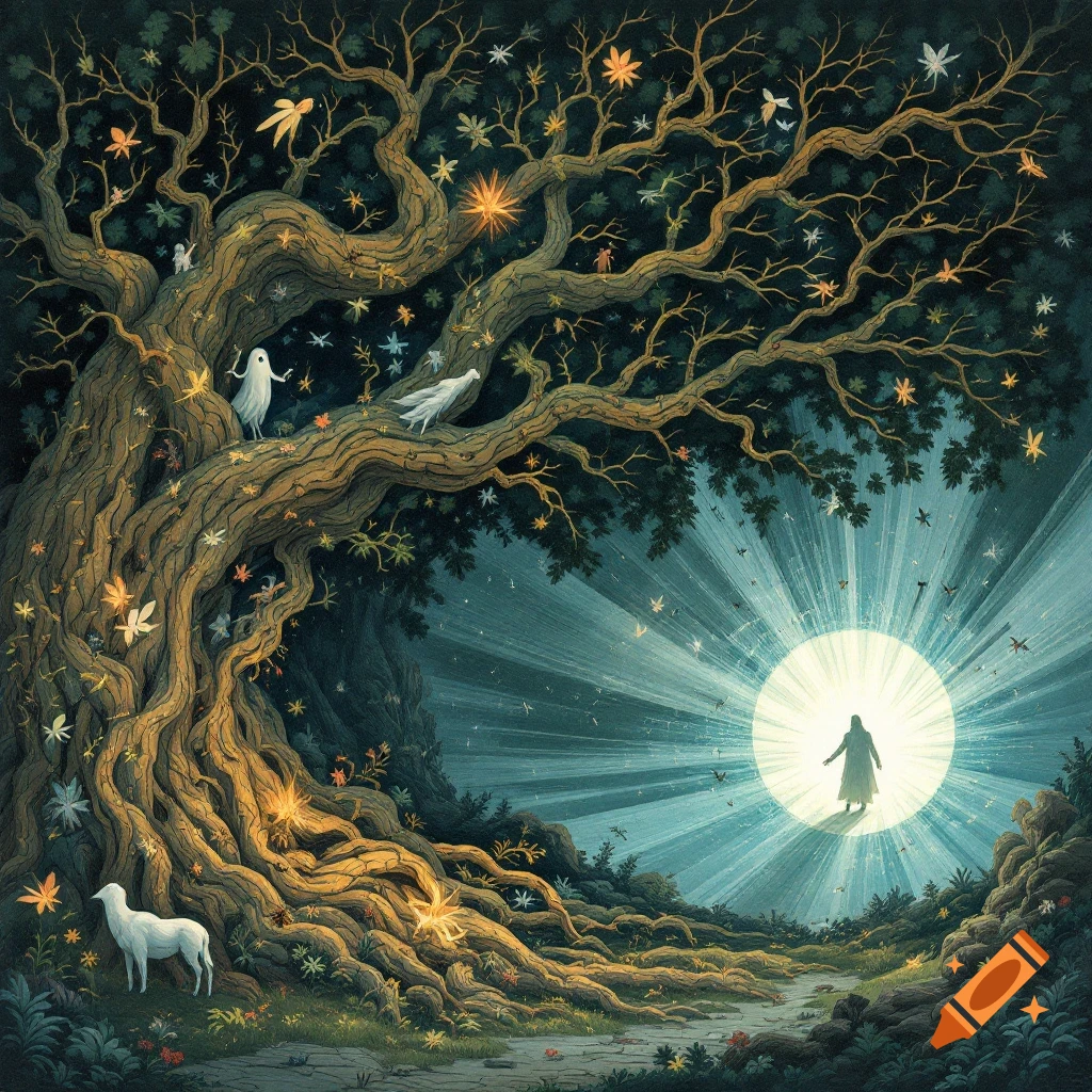 Illustrative fantasy image of a large tree with roots, figures, and a silhouetted person emerging from a bright portal.