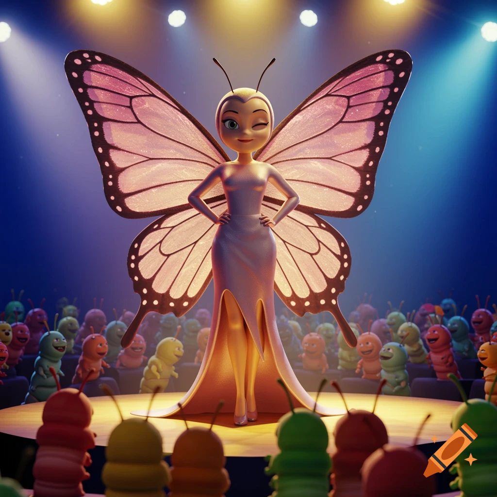 A 3D cartoon of a confident anthropomorphic butterfly character on stage, winking, in a dress, performing for an audience of colorful caterpillars.
