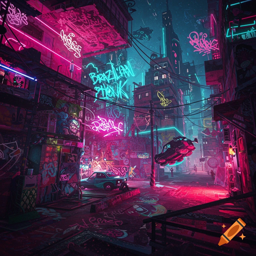 A vibrant cyberpunk street scene with neon signs, graffiti, a flying car, and atmospheric lighting.