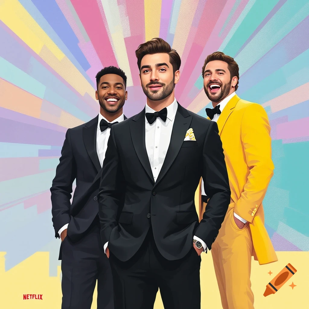 Three men in suits smile against a colorful background for a poster