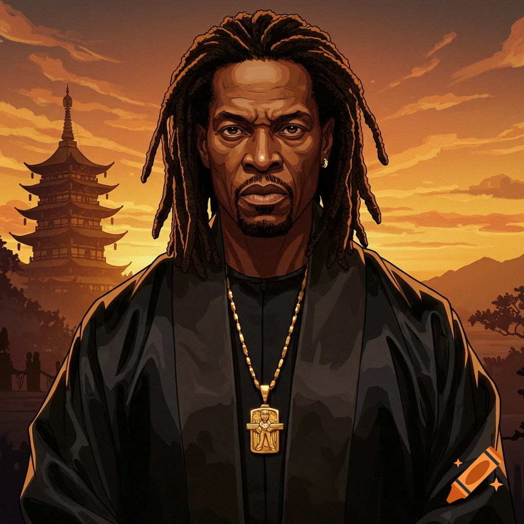 A man with dreadlocks wearing a robe and necklace in front of a pagoda at sunset.