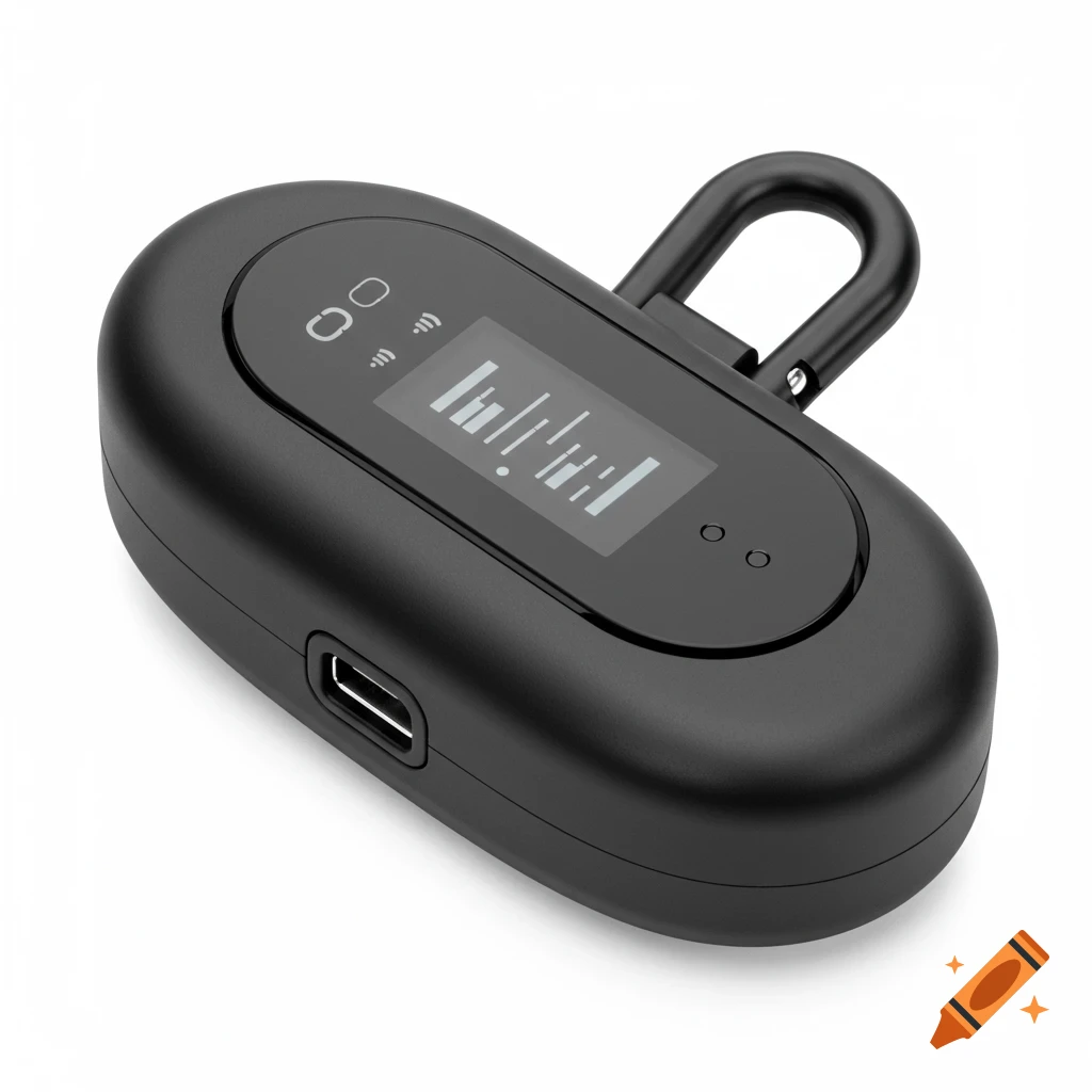 A black oval fitness sensor device with a screen showing data bars, a carabiner clip, and a USB-C port on a white background.