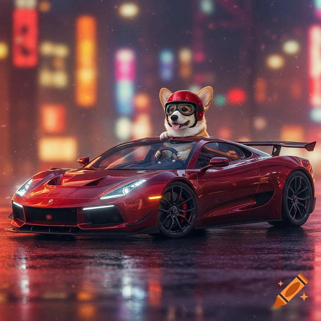 A corgi in a helmet and goggles drives a red supercar on a wet city street at night.