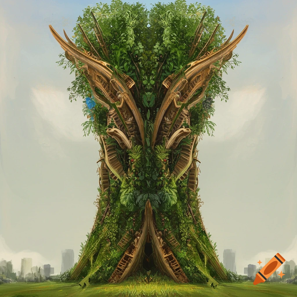 A large symmetrical structure made of wood and plants in a landscape with a city skyline.