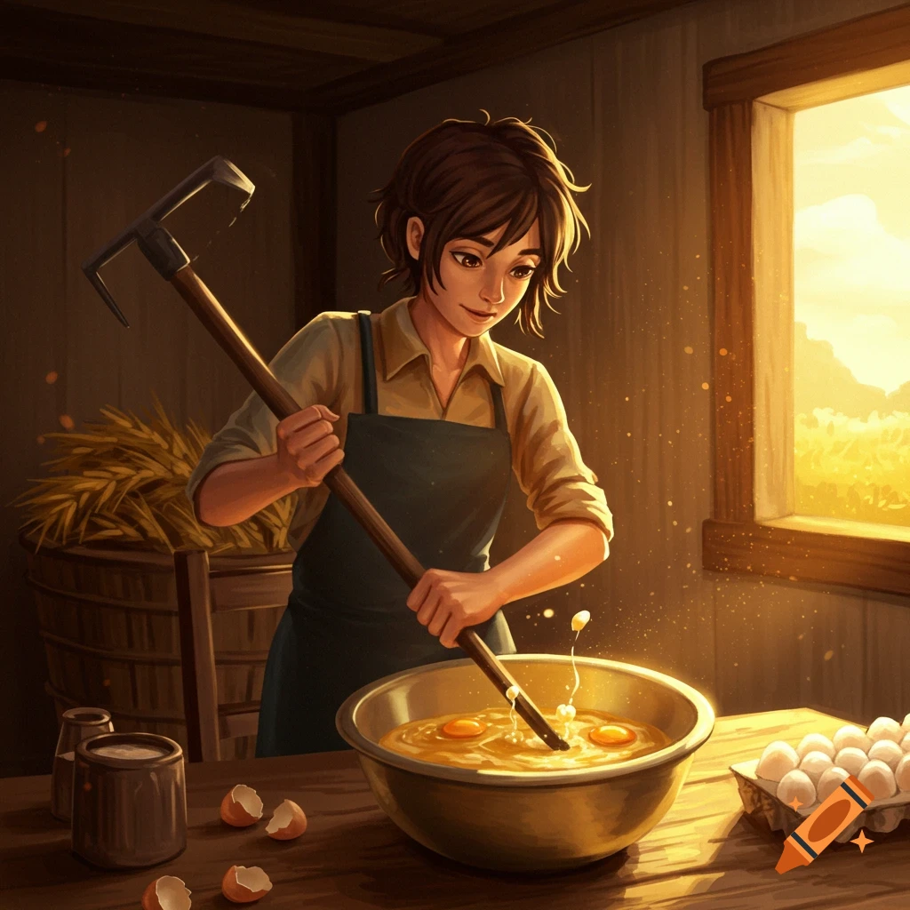 Stylized depiction of a person stirring eggs with a hoe in a rustic kitchen.