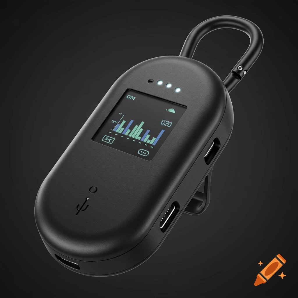 A black oval-shaped gym sensor device with a display screen and carabiner clip.