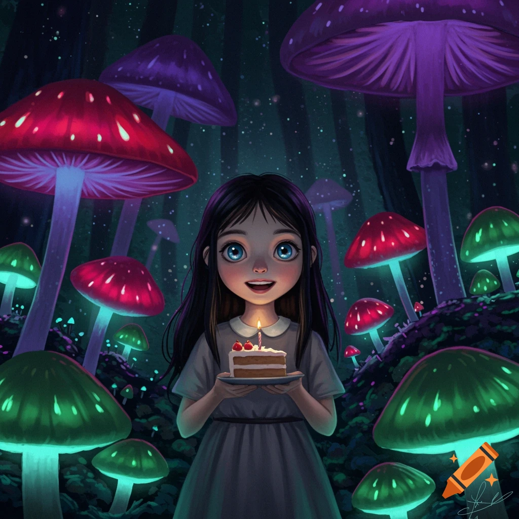 A young girl holds a birthday cake in a vibrant, glowing mushroom forest, digital art.