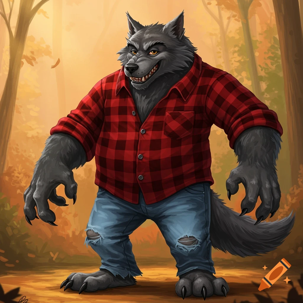A werewolf wearing a plaid shirt and jeans stands in an autumn forest.