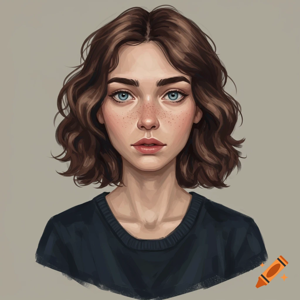 Portrait of a young woman with brown hair, blue eyes, and freckles wearing a dark sweater.