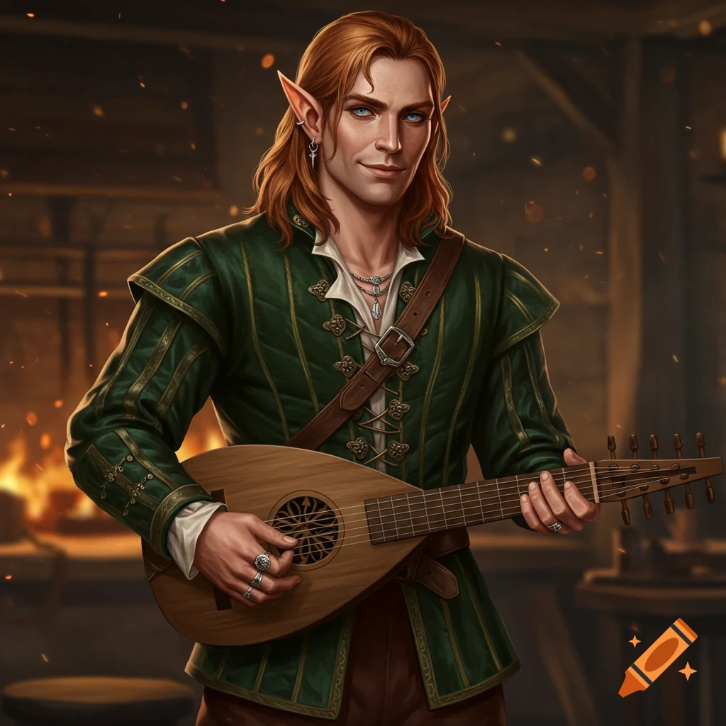 A male half-elf bard with long red hair plays a lute in a fantasy tavern.