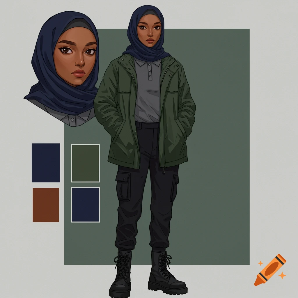 Anime illustration of a woman in a navy hijab, green jacket, black cargo pants, and combat boots.