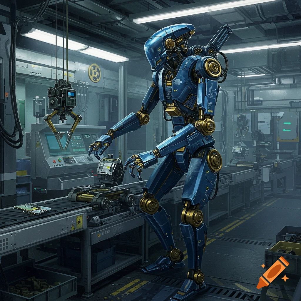 A blue and gold robot working on a conveyor belt in a futuristic factory.