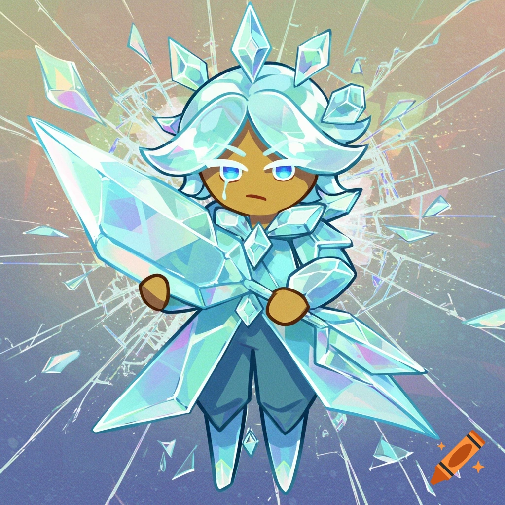A cookie-like character with blue crystal hair and armor holds a crystal sword, standing against a shattered glass background.