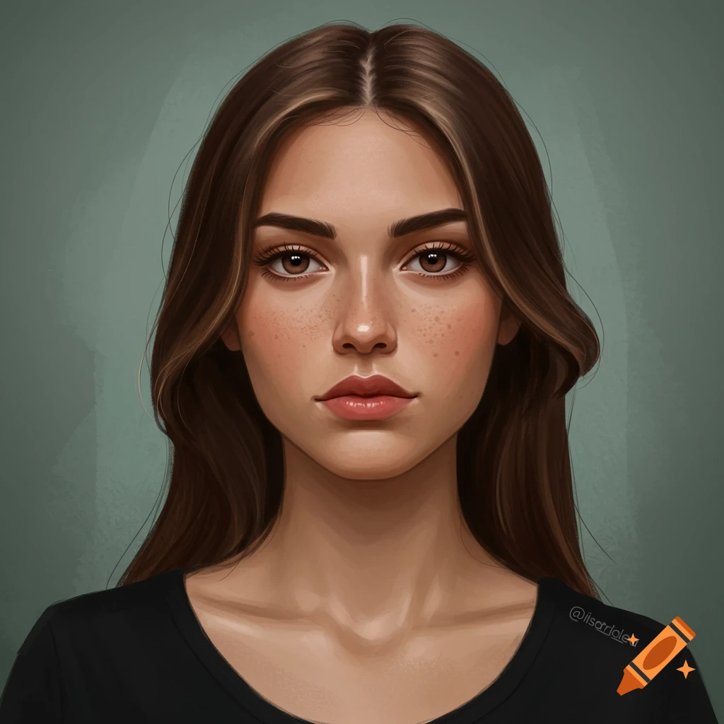 Portrait of a young woman with brown hair, brown eyes, and freckles.