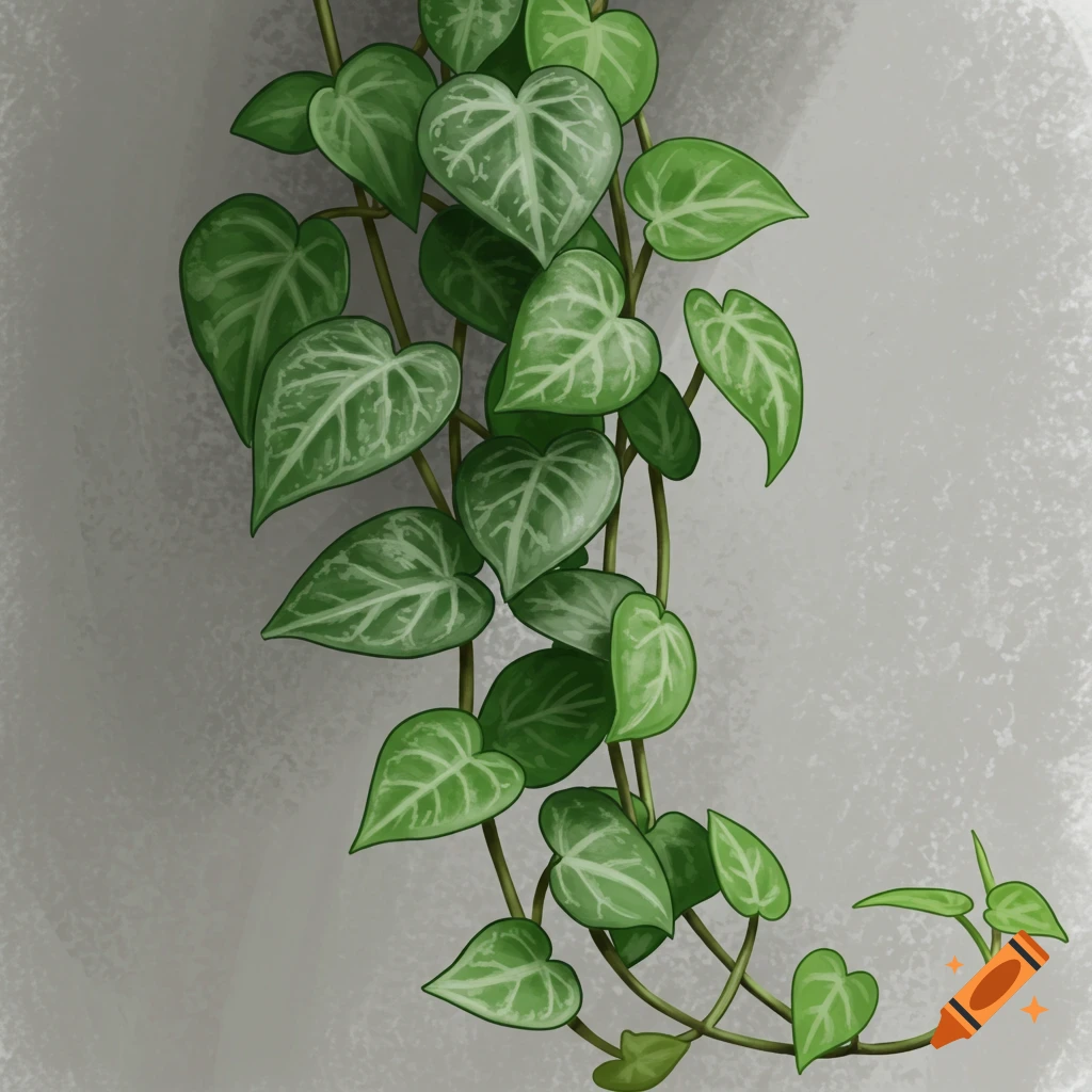 Silver lady scindapsus plant vine with heart-shaped leaves against a grey background.