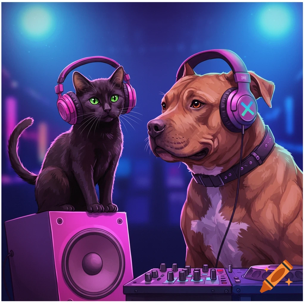 A black cat and a brown pit bull wearing headphones next to a DJ mixer