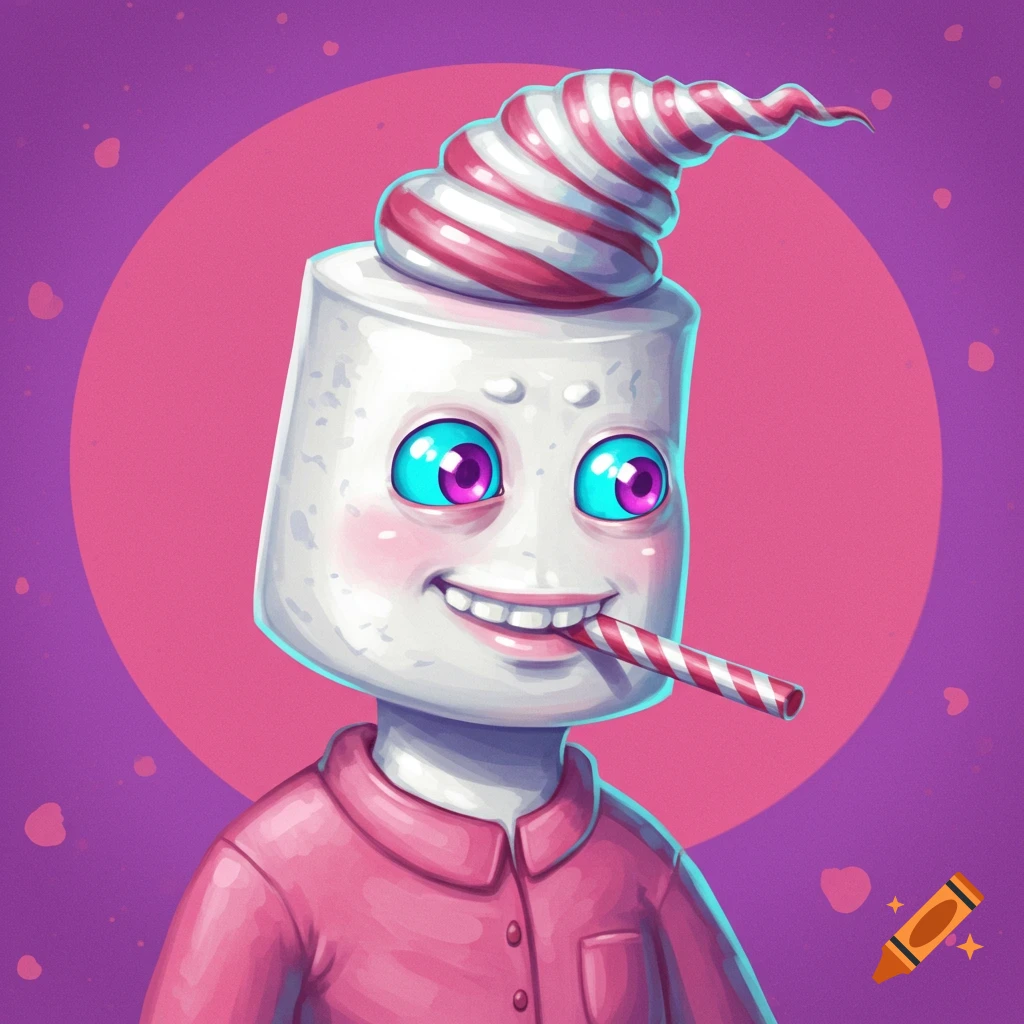 A marshmallow character with swirl candy hair, big eyes, pink shirt, and a striped candy stick.
