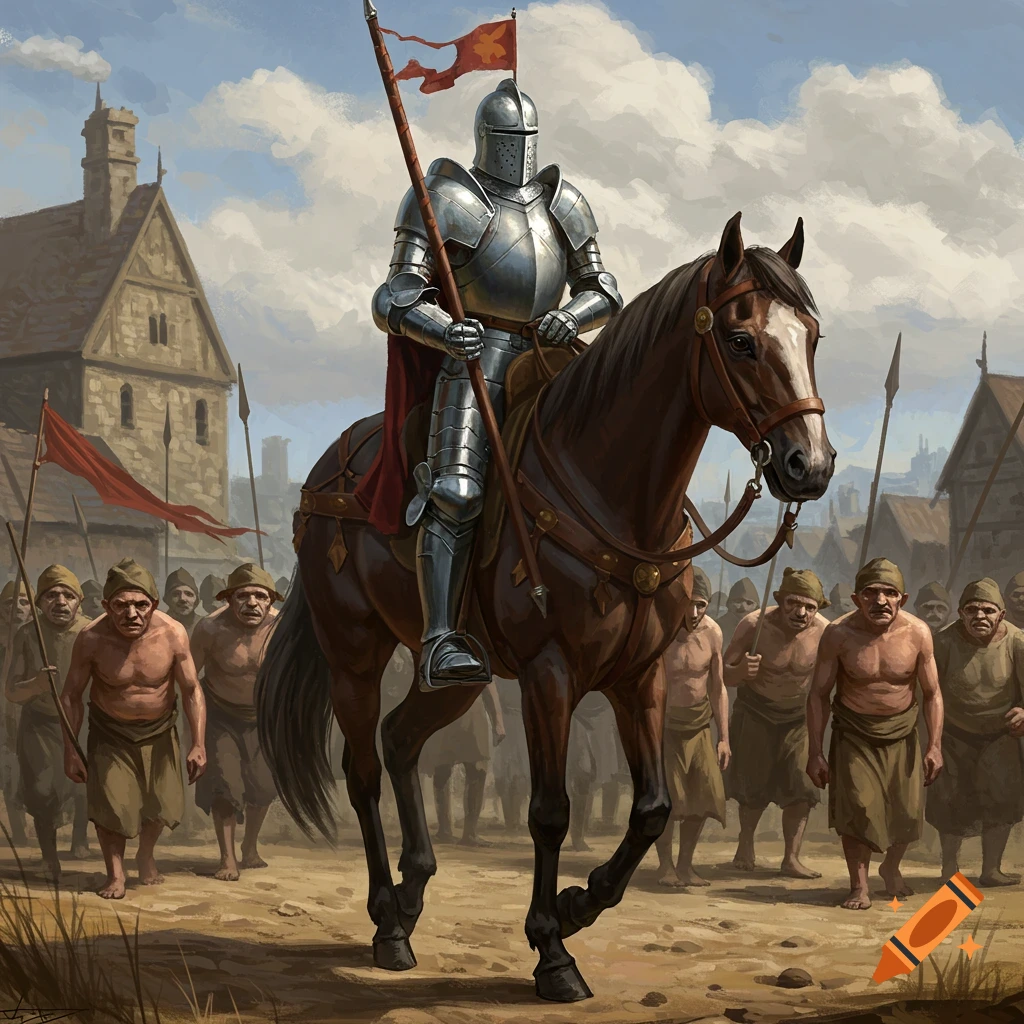 A knight in full armor on horseback leads a group of rough-looking peasants through a medieval village.