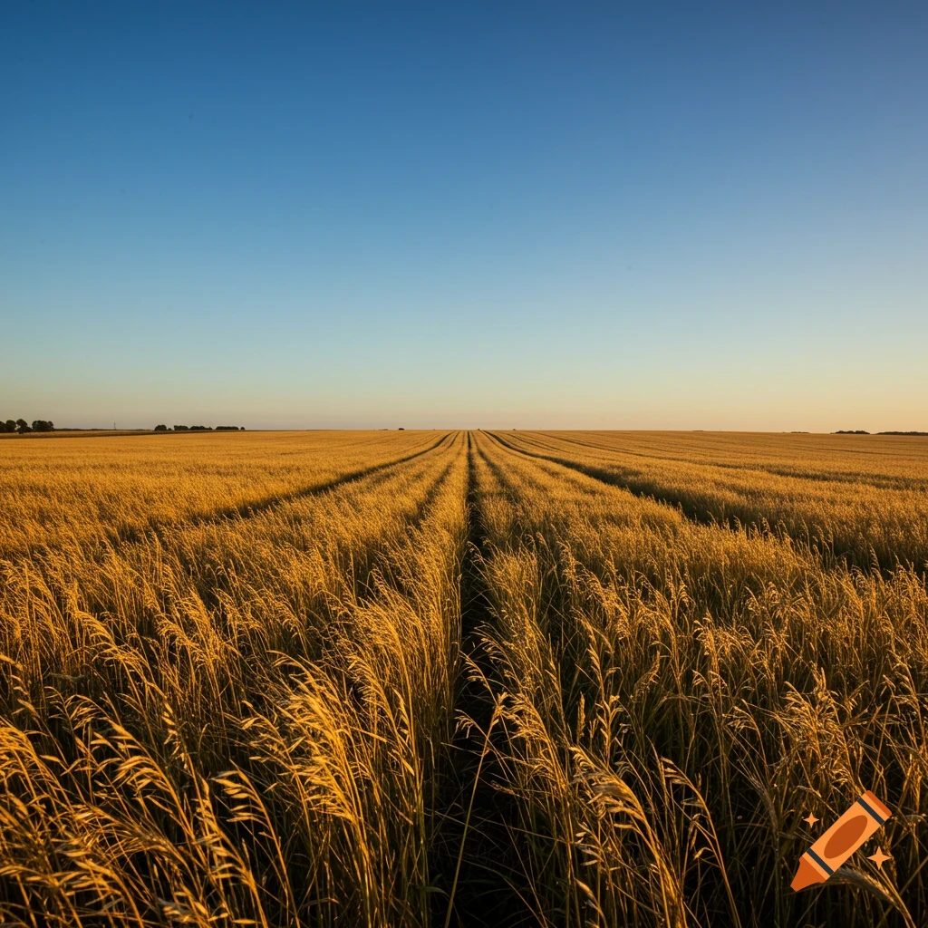 A golden field of tall grass under a clear blue sky at sunset.