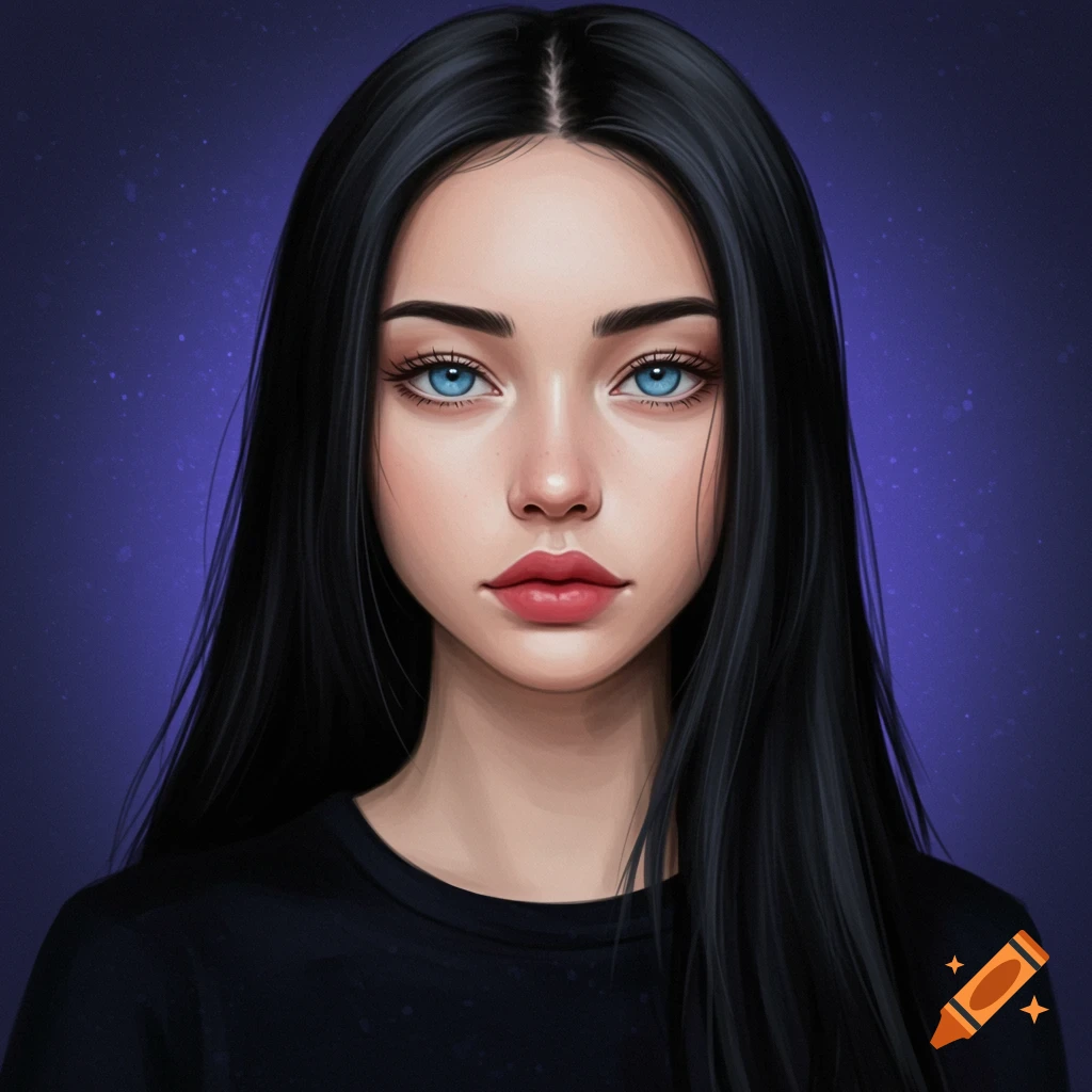 A woman with long black hair and blue eyes